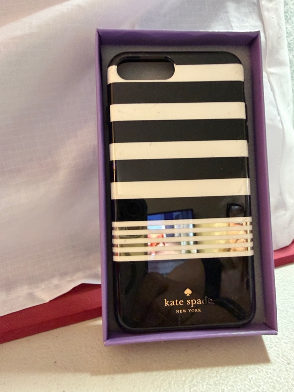kate spade Black and White Striped Glossy Phone Case with Gold Accent.